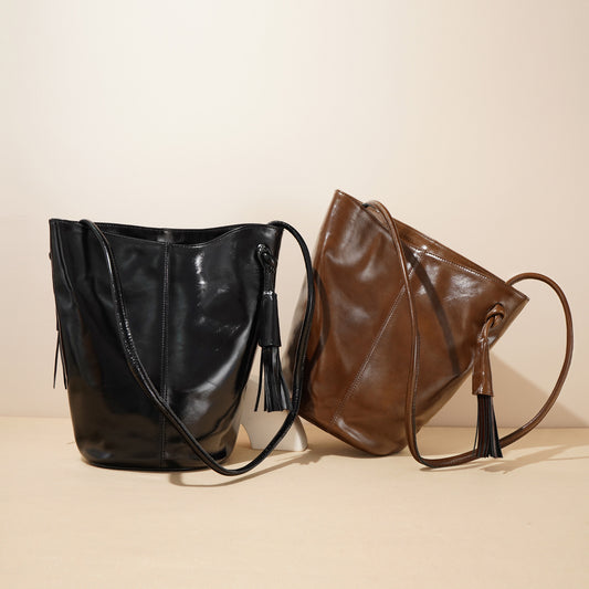 NATALIE Waxy Leather Designer Bucket Handbag